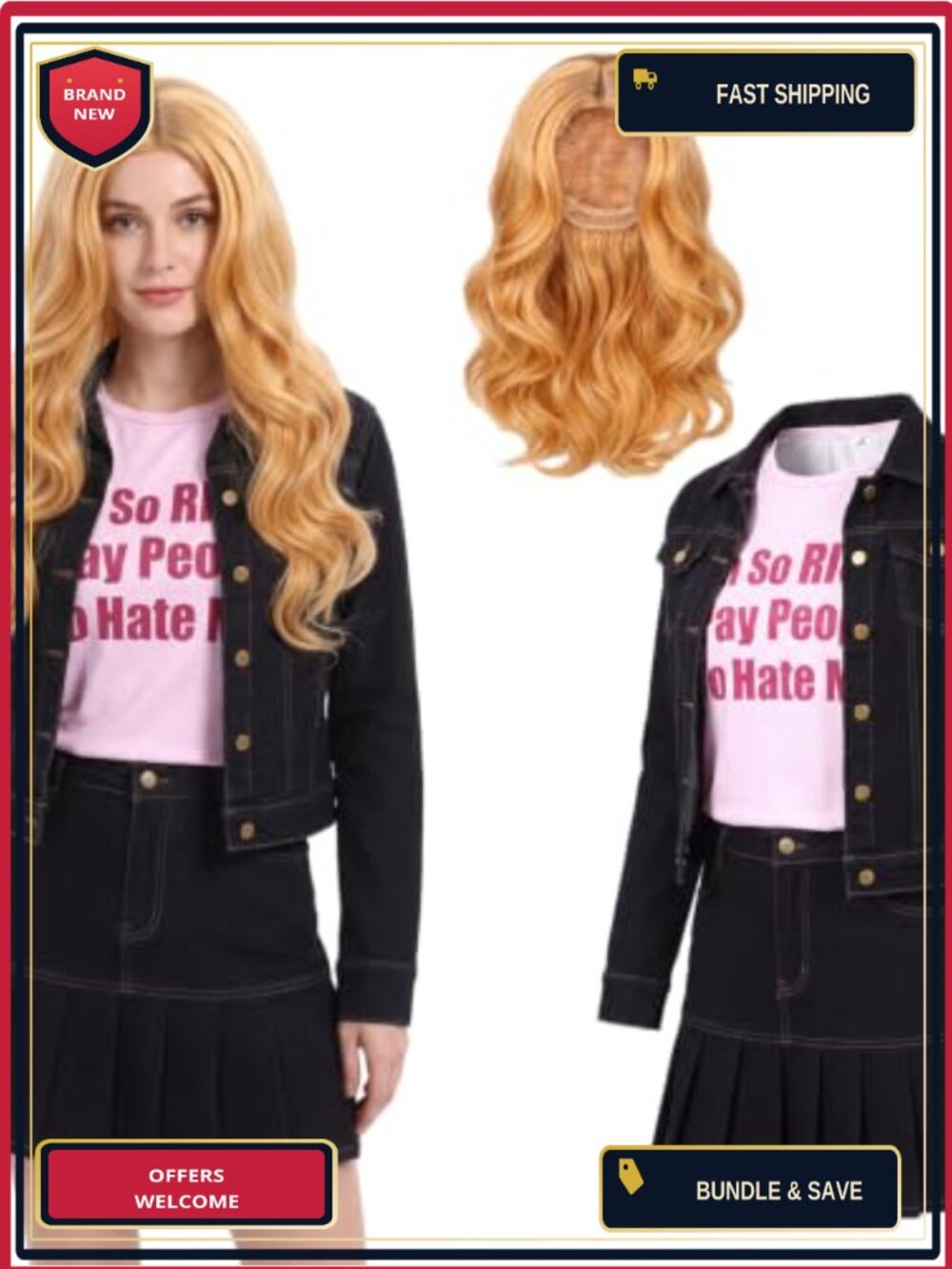 4Pc Funny Halloween Cosplay Costume Denim Jacket Skirt Wig